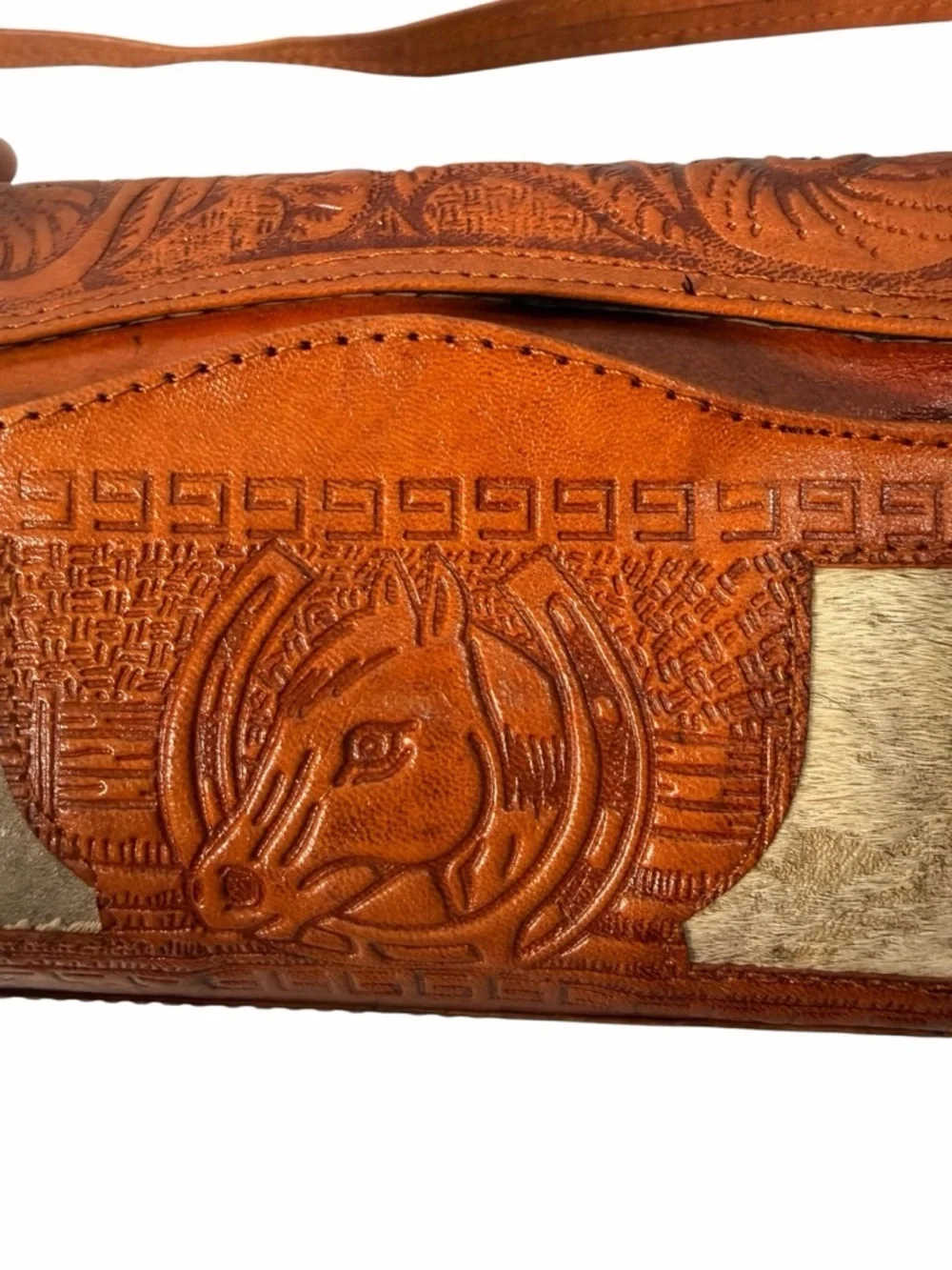 Vintage Cross body Bag Made In Mexico Brown Leather Horse Hair Rose Purse